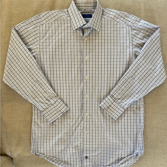 David Donahue Grid Check Print Spread Collar Shirt in Blue 16/33 $155 - Picture 2 of 6